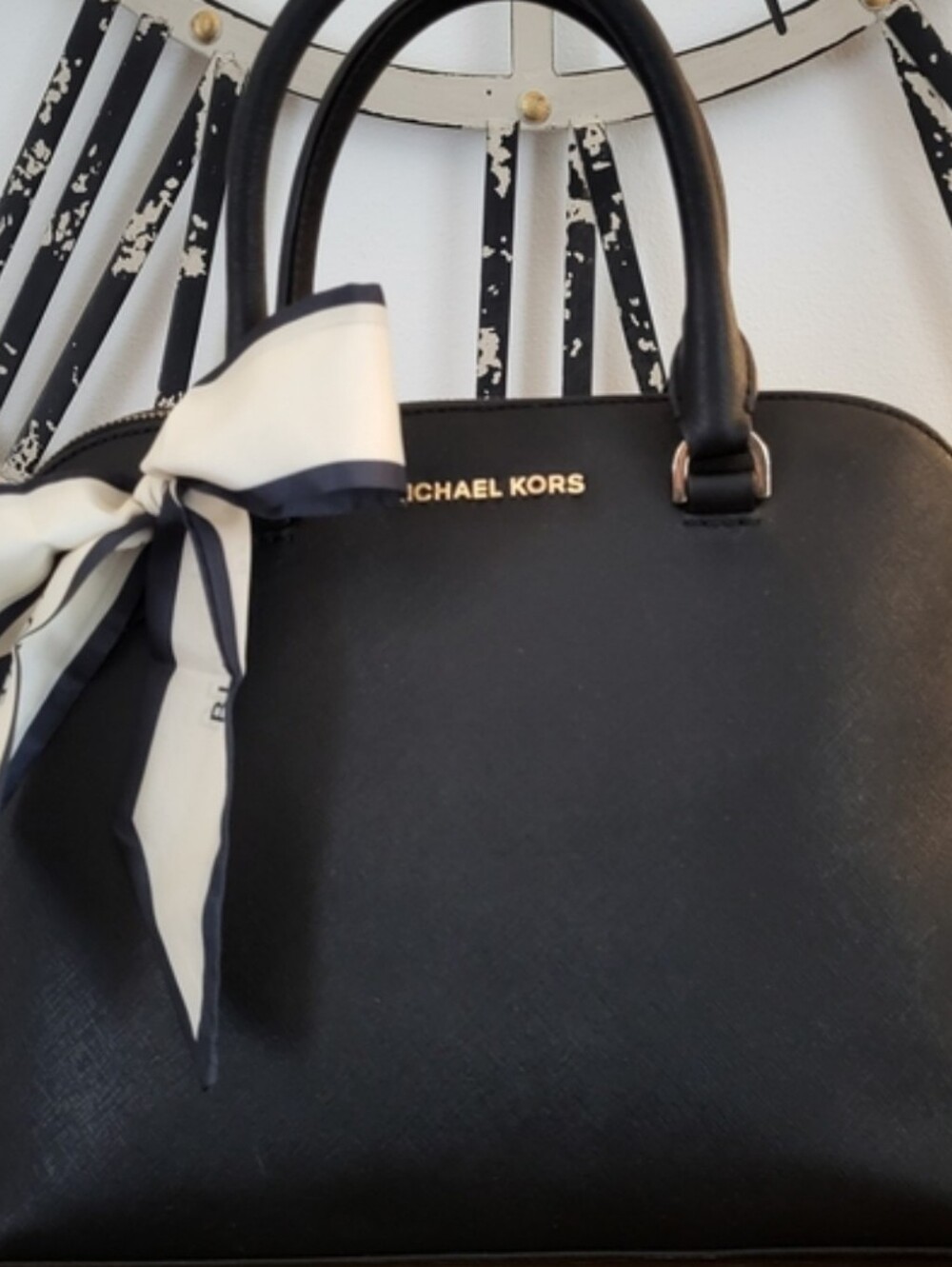 Michael Kors Black Dome Satchel with Ivory Bow Accent